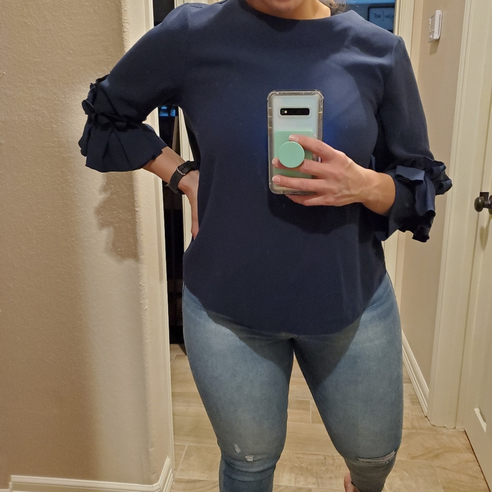 Navy Blue Antonio Melani ruffled sleeve blouse